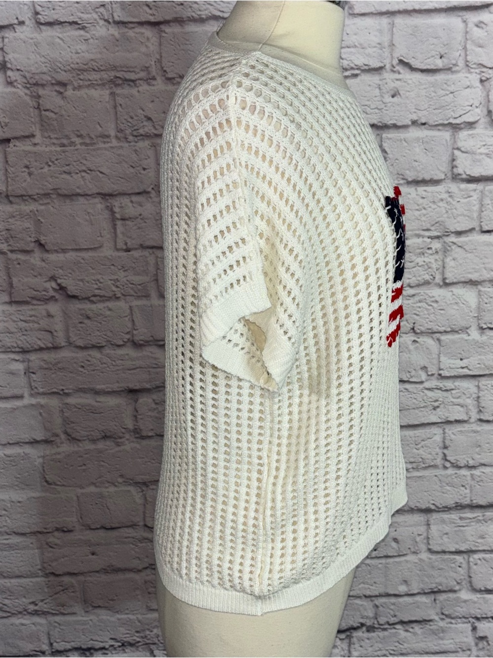 Zenana Boutique American Flag Open Weave Crochet Cap Sleeve Sweater Size M - Picture 5 of 10